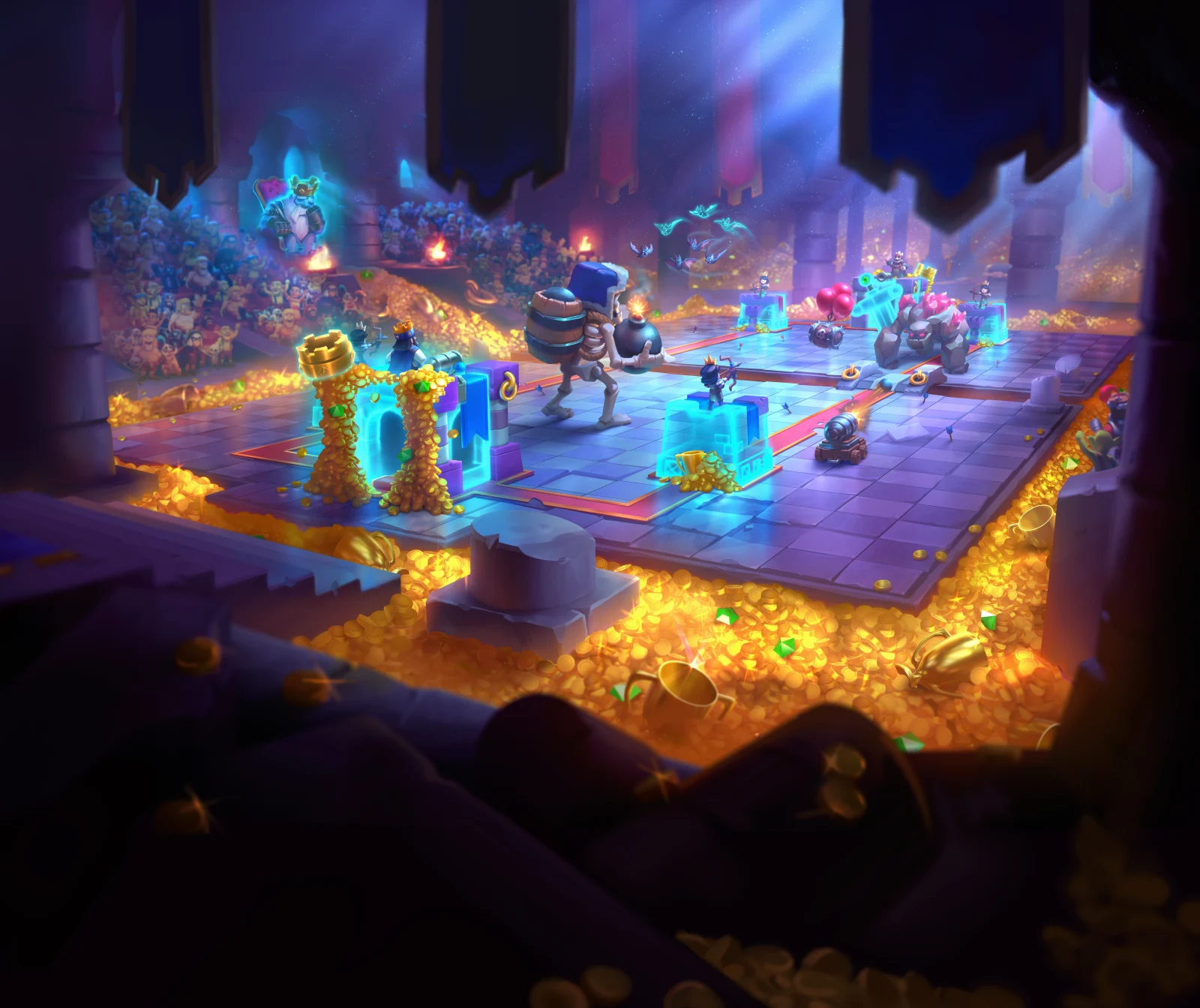 Clash Royale arena and characters representing battle-based deck analysis